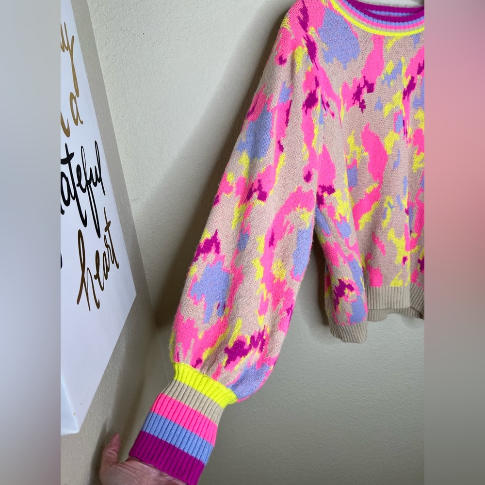 NTM Jodifl Abstract Print Sweater Neon Pink Taupe Balloon Sleeve Pullover Size L - Picture 9 of 16